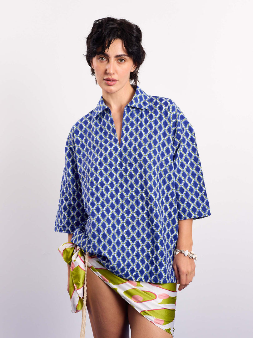 Blue & Green Geometrical Printed Pullover