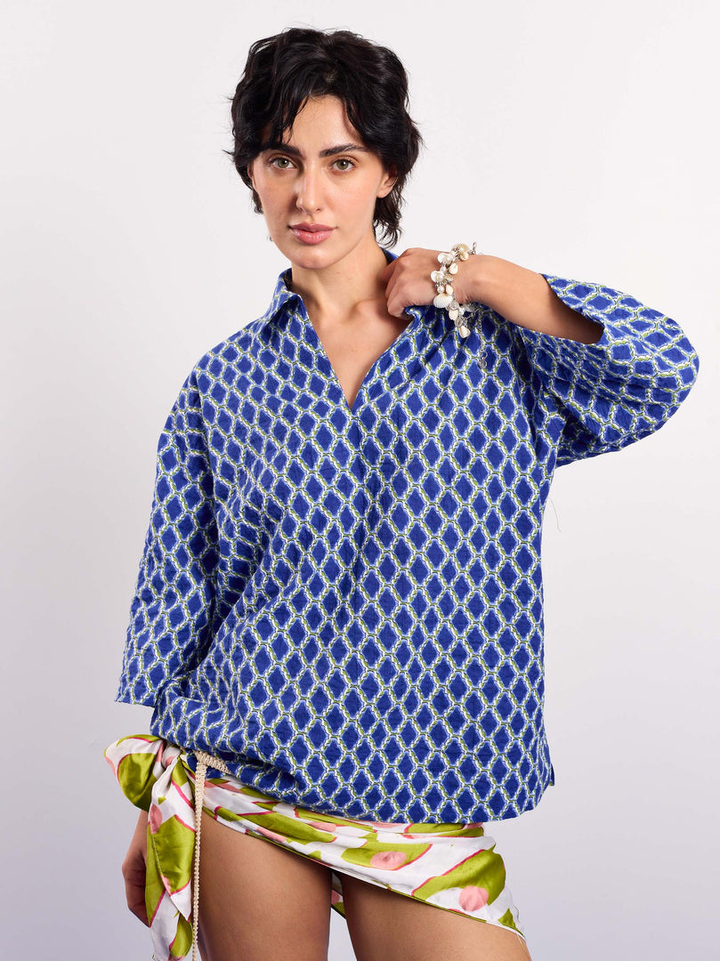 Blue & Green Geometrical Printed Pullover