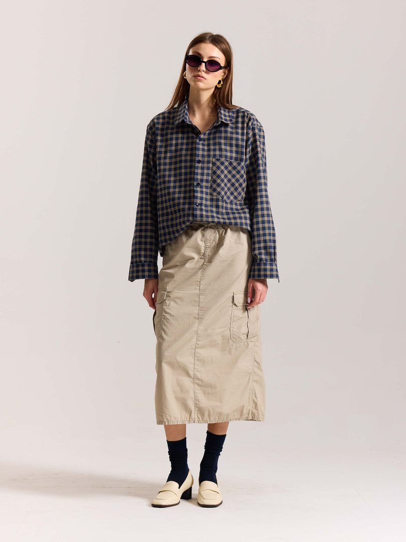 Dark Blue & Beige Checkered Oversized Cropped Shirt