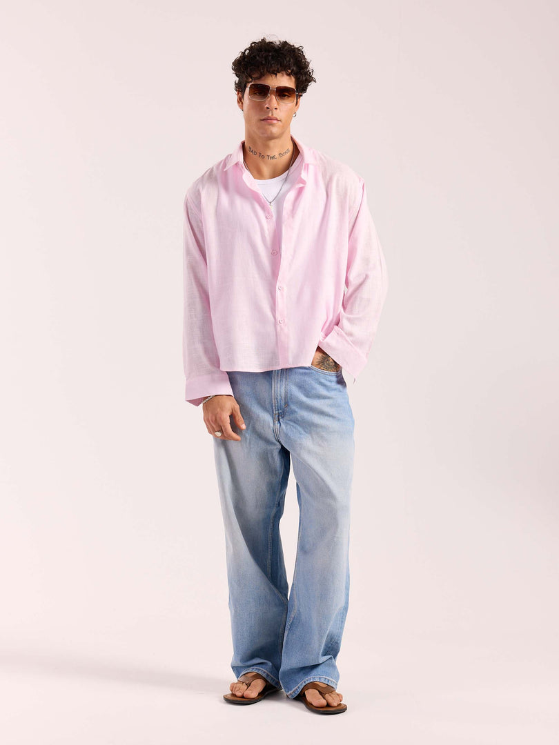 Light Pink Linen Cropped Shirt  ( Pre-Order )