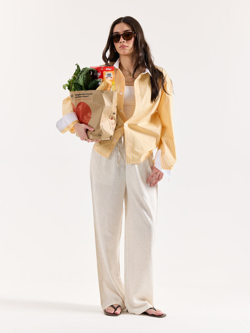 Light Yellow Striped Contrast Collar Oversized Shirt