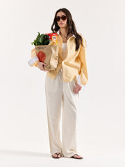 Light Yellow Striped Contrast Collar Oversized Shirt