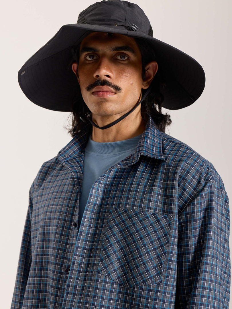 Blue & Grey Checkered Oversized Cropped Shirt