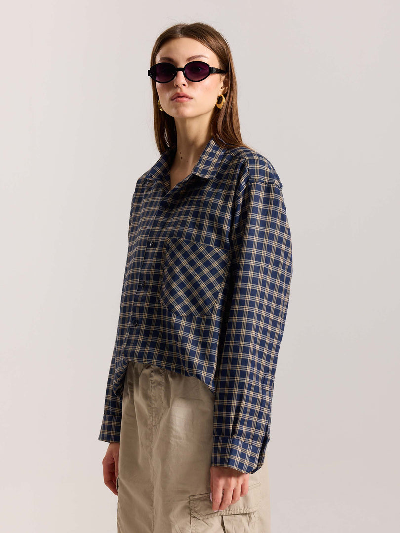 Dark Blue & Beige Checkered Oversized Cropped Shirt