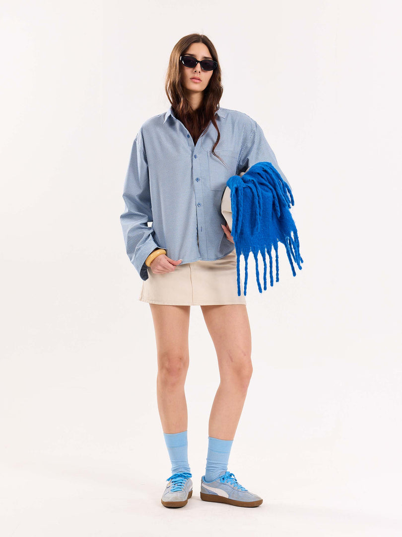 Blue Checkered Oversized Cropped Shirt
