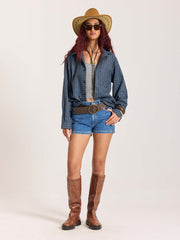 Blue & Grey Checkered Oversized Cropped Shirt