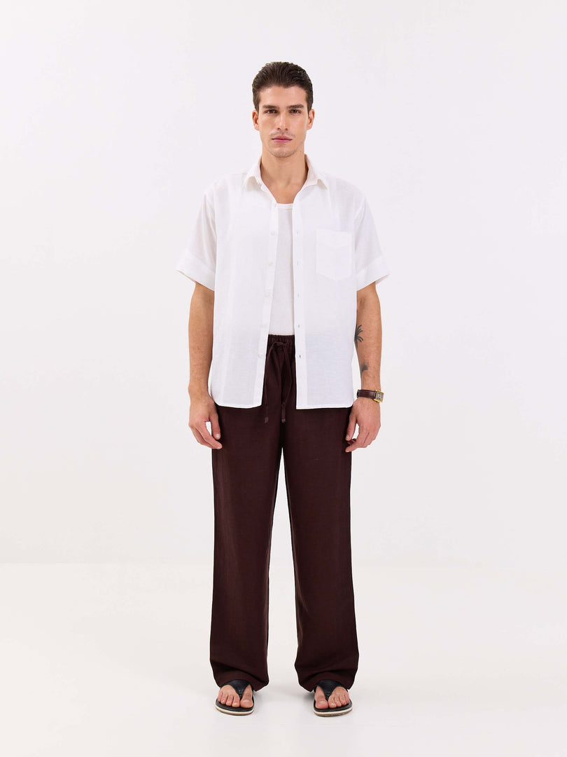 Coffee Brown Linen Pull-on Pants