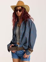 Load image into Gallery viewer, Blue &amp; Grey Checkered Oversized Cropped Shirt