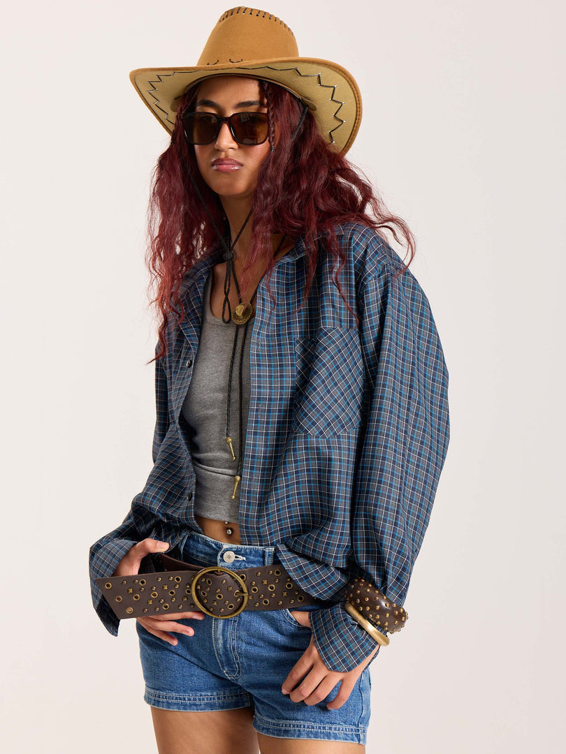 Blue & Grey Checkered Oversized Cropped Shirt