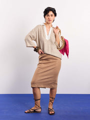 Beige Contrasting Collar Pullover