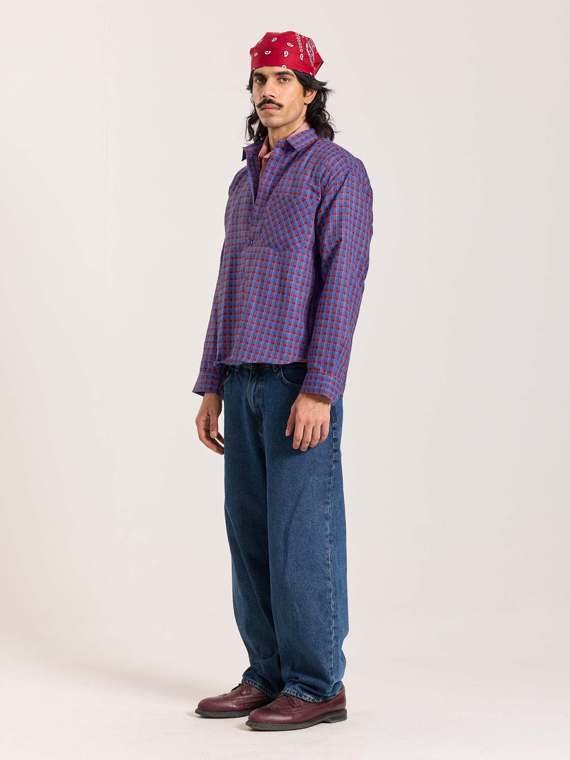 Blue & Red Checkered Oversized Cropped Shirt