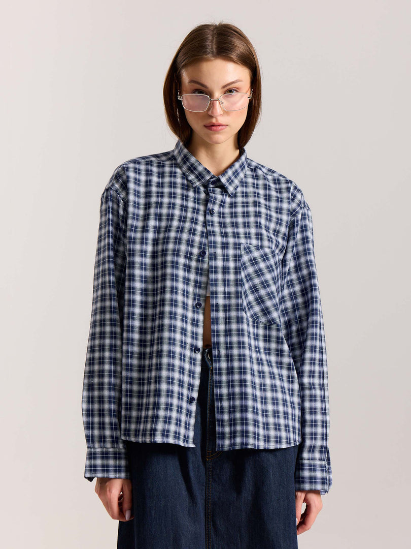 Navy Blue & White Checkered Oversized Cropped Shirt