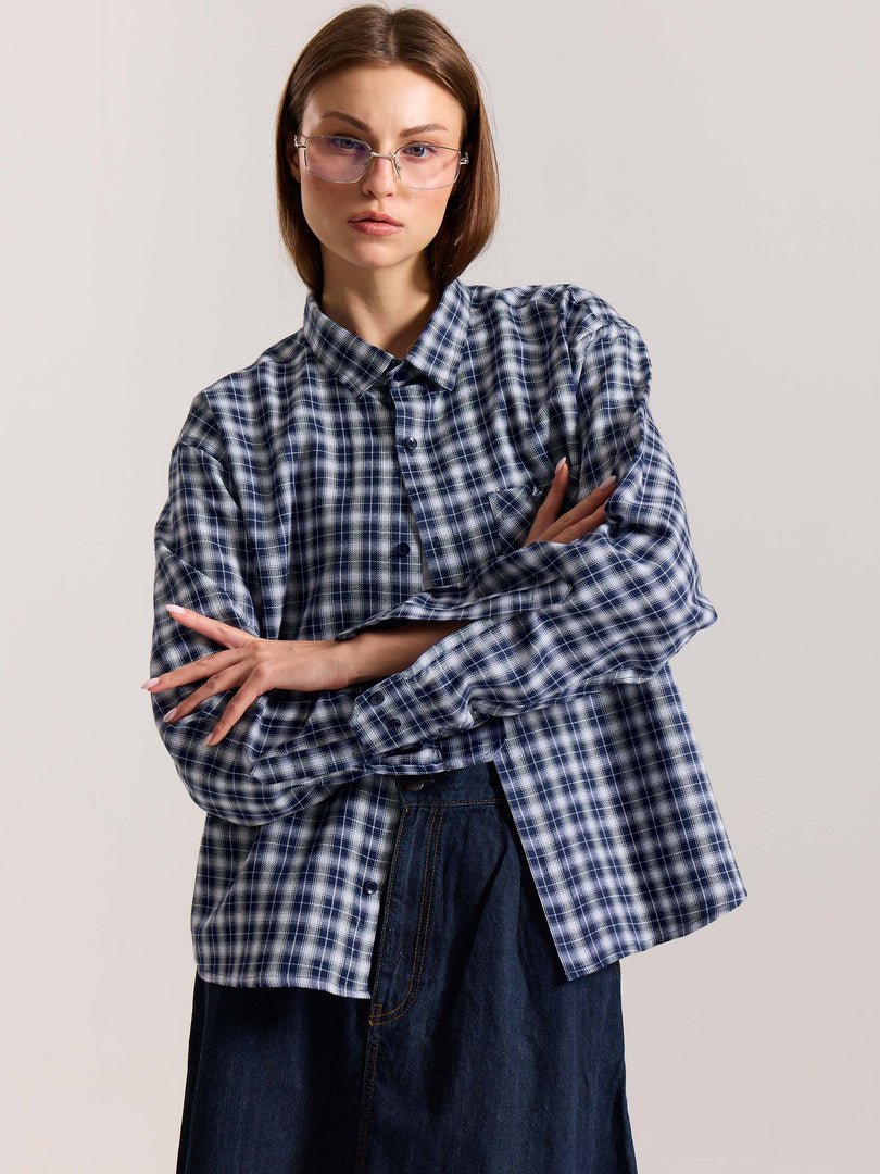 Navy Blue & White Checkered Oversized Cropped Shirt