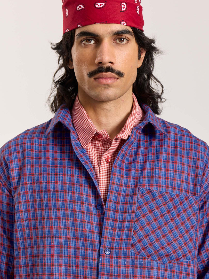 Blue & Red Checkered Oversized Cropped Shirt