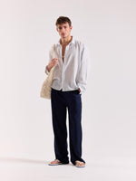 Load image into Gallery viewer, White &amp; Blue Striped Linen Cropped Shirt