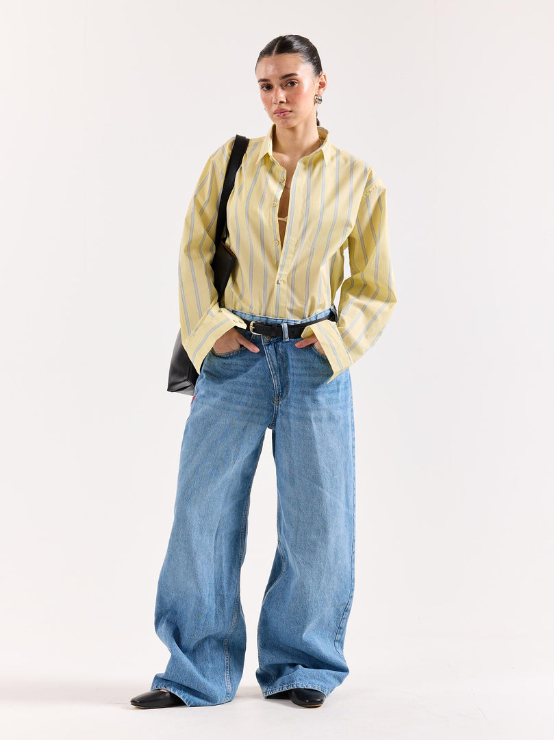 Butter Yellow & Blue Striped Poplin Oversized Shirt