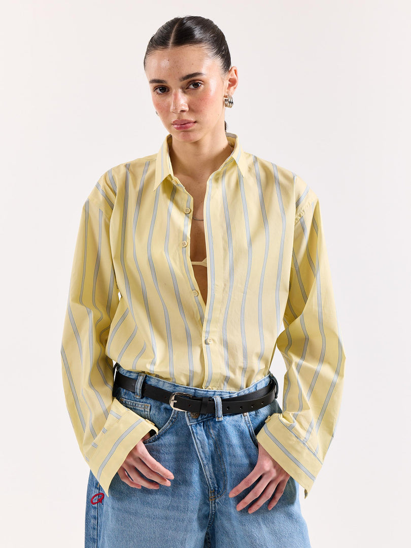 Butter Yellow & Blue Striped Poplin Oversized Shirt