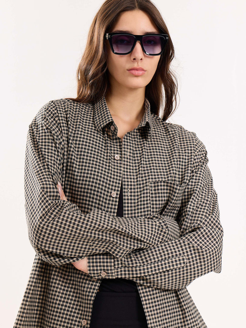 Black & Beige Checkered Cropped Shirt