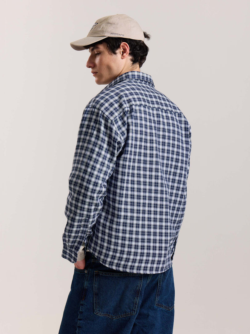 Navy Blue & White Checkered Oversized Cropped Shirt