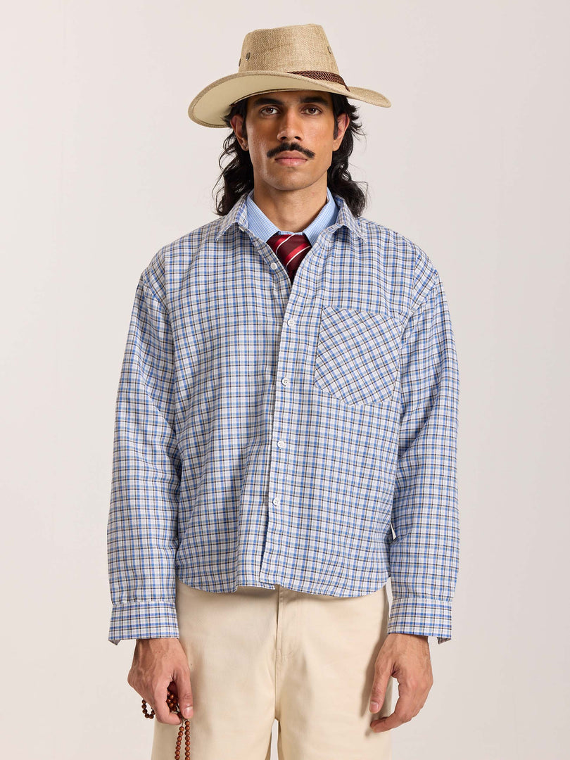 Light Blue & White Checkered Oversized Cropped Shirt