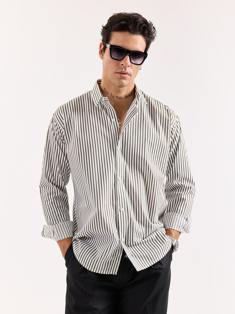 Dark Olive & White Striped Poplin Shirt