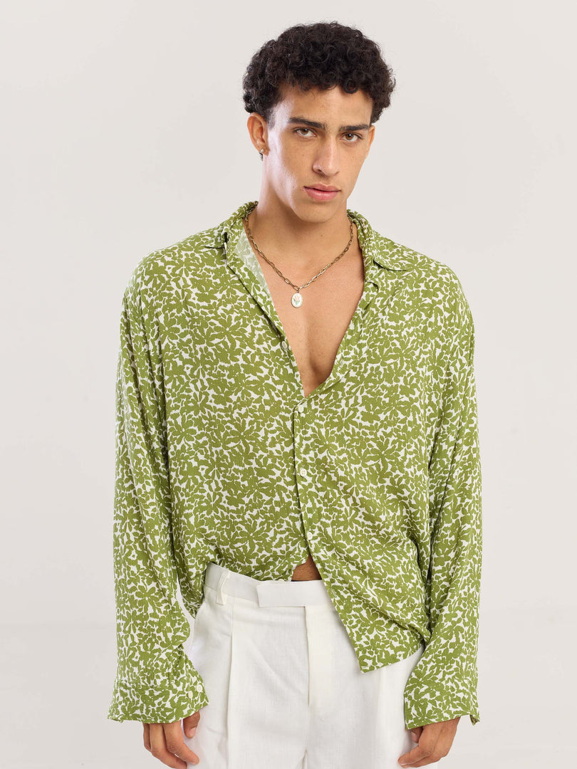 Olive Floral Wrinkled Shirt