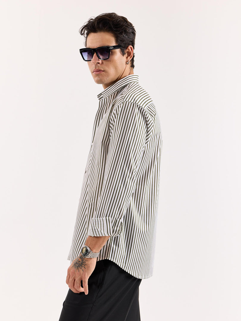 Dark Olive & White Striped Poplin Shirt