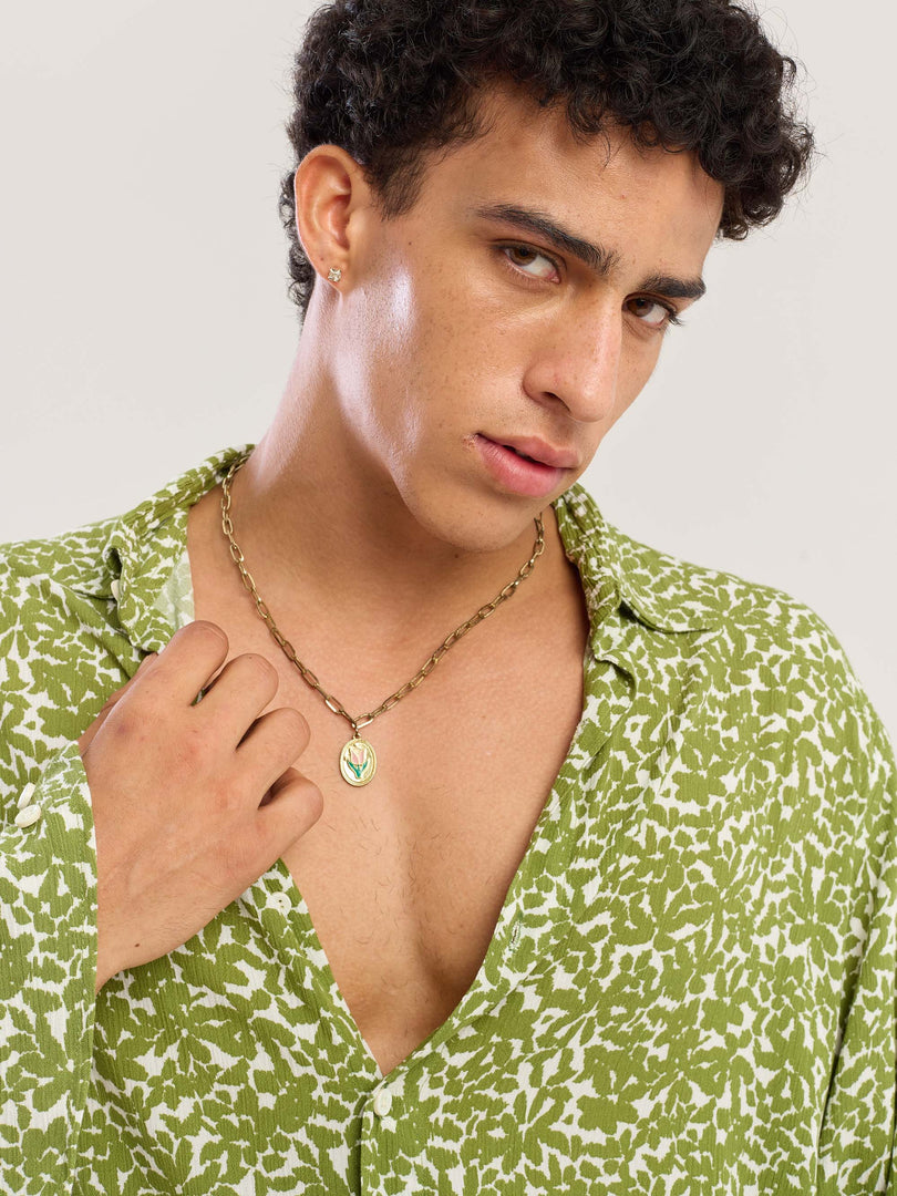 Olive Floral Wrinkled Shirt