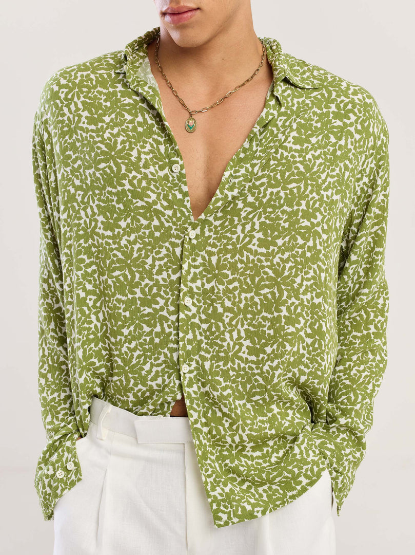 Olive Floral Wrinkled Shirt