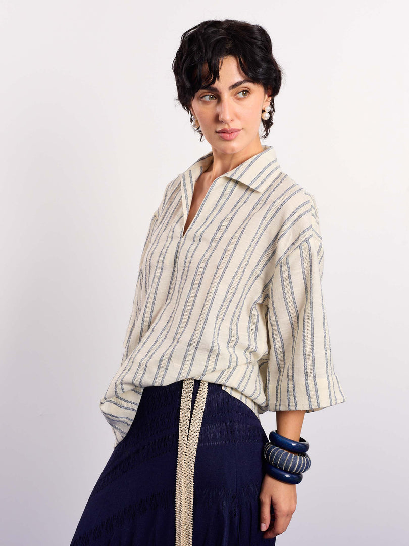 Cream Blue Panelled Pullover