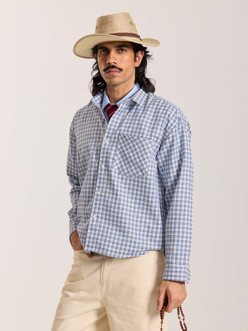 Light Blue & White Checkered Oversized Cropped Shirt