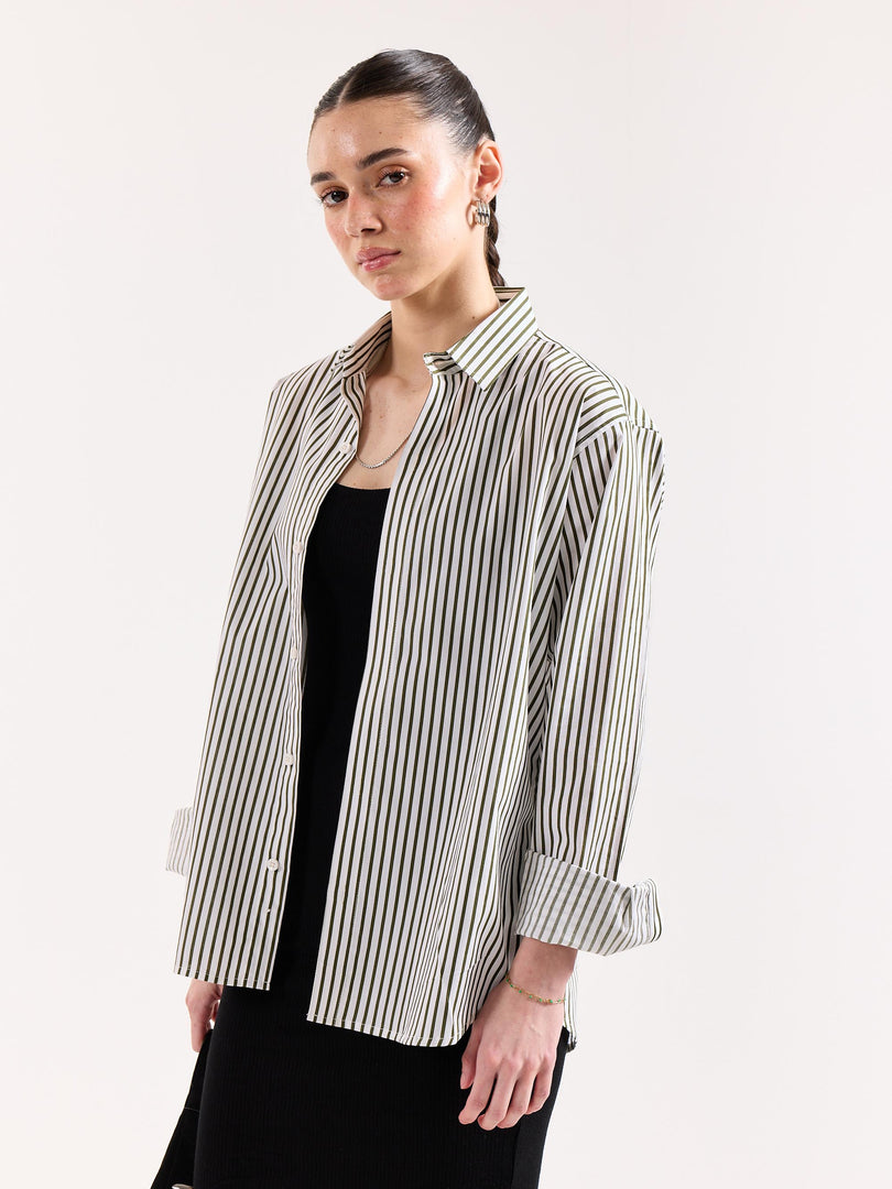 Dark Olive & White Striped Poplin Shirt