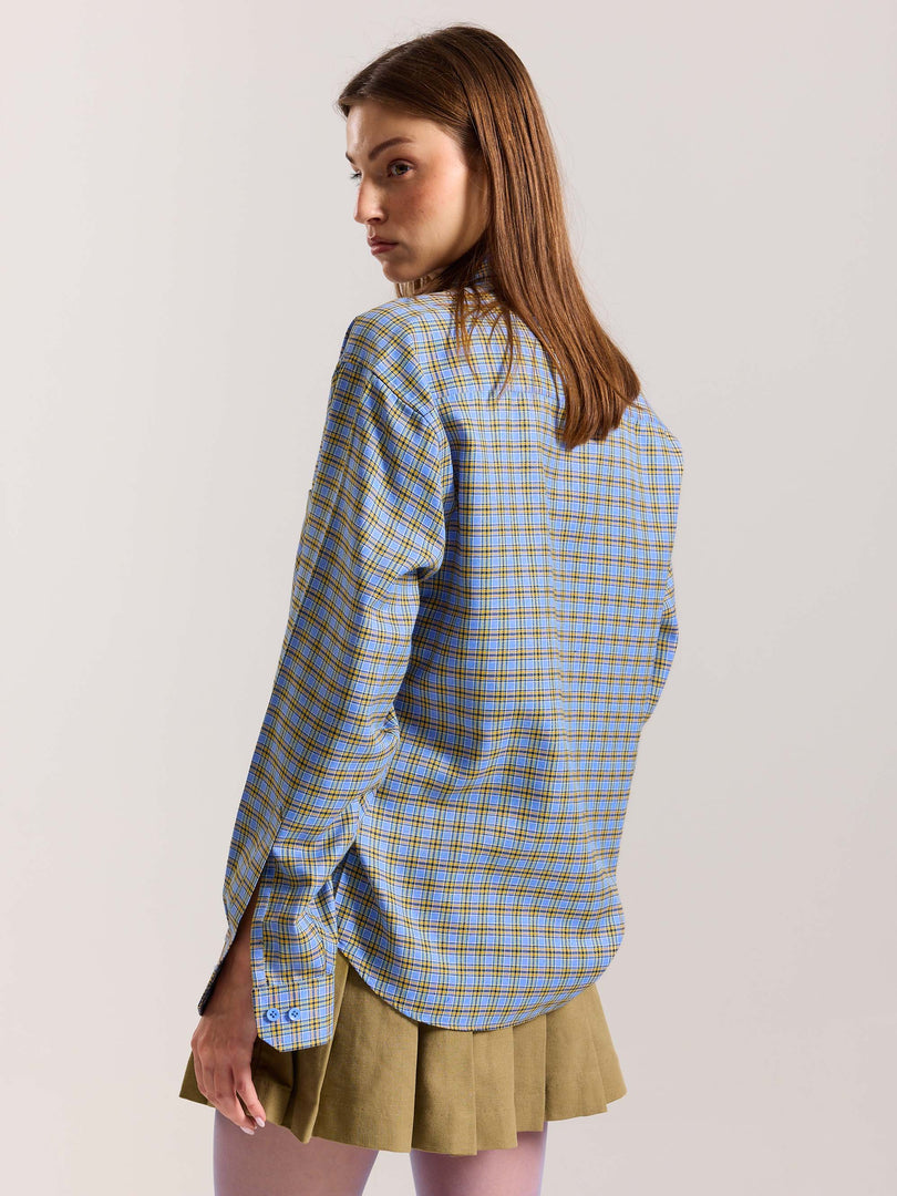 Light Blue Checkered Oversized Cropped Shirt