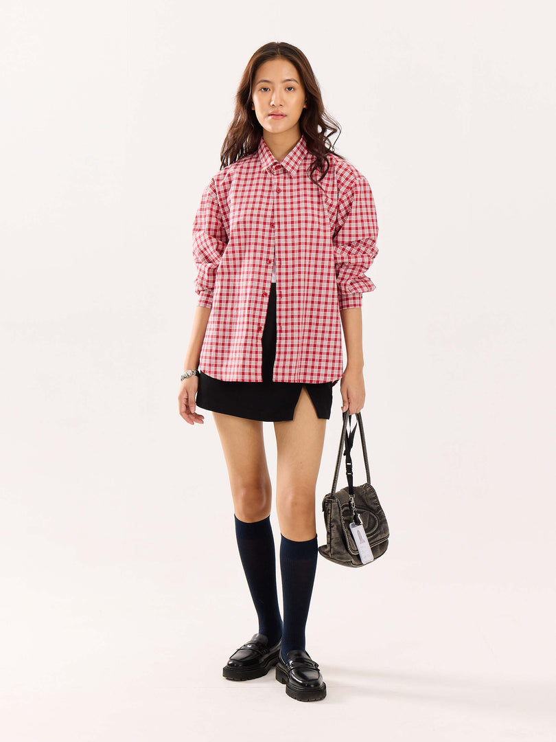 Red & White Checked Poplin Cropped Shirt