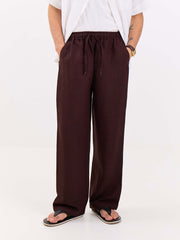 Coffee Brown Linen Pull-on Pants
