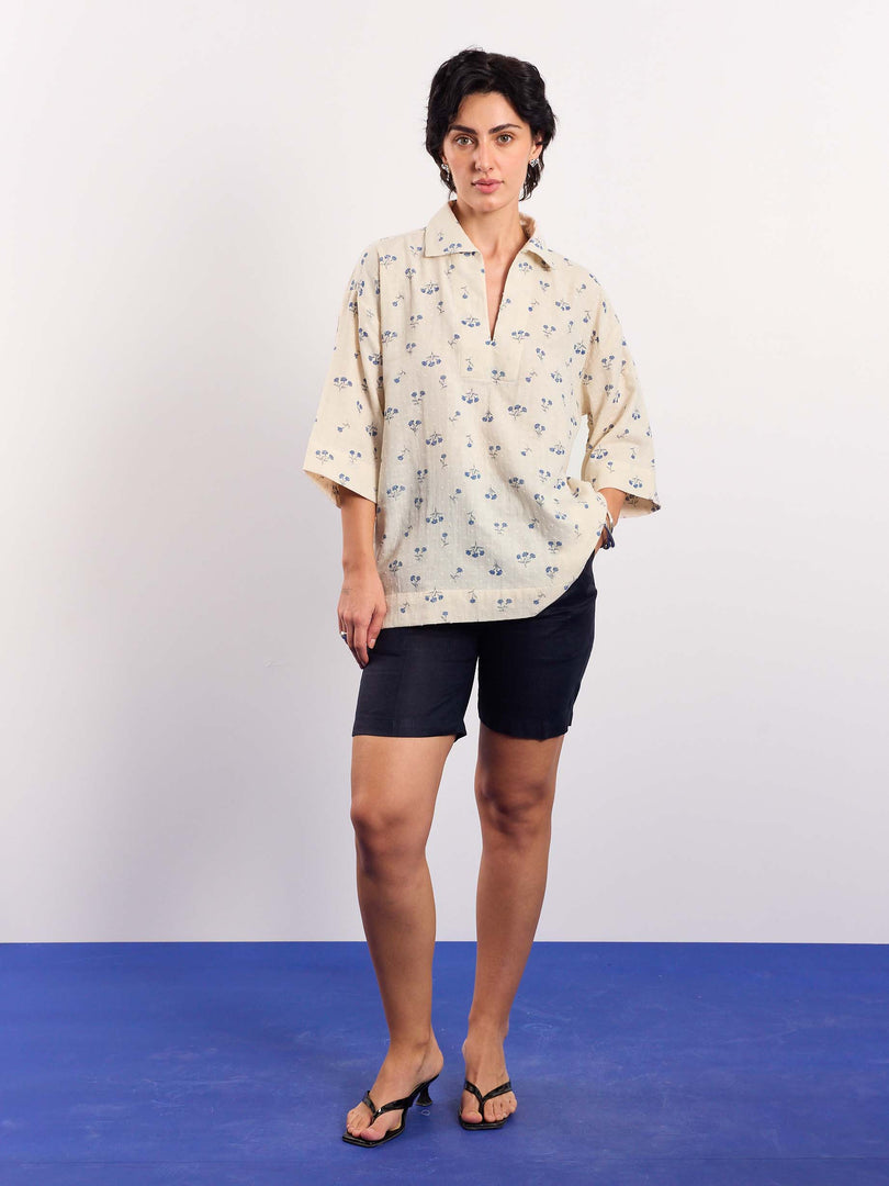 Ivory & Blue Floral Boota Print Pullover