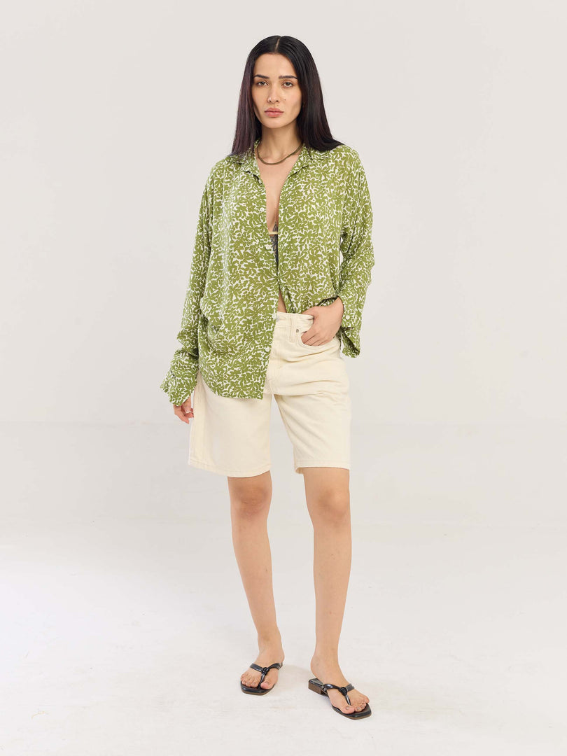 Olive Floral Wrinkled Shirt