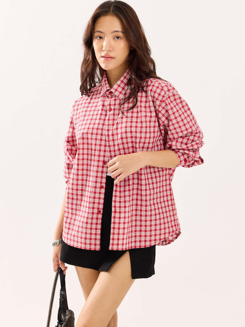 Red & White Checked Poplin Cropped Shirt