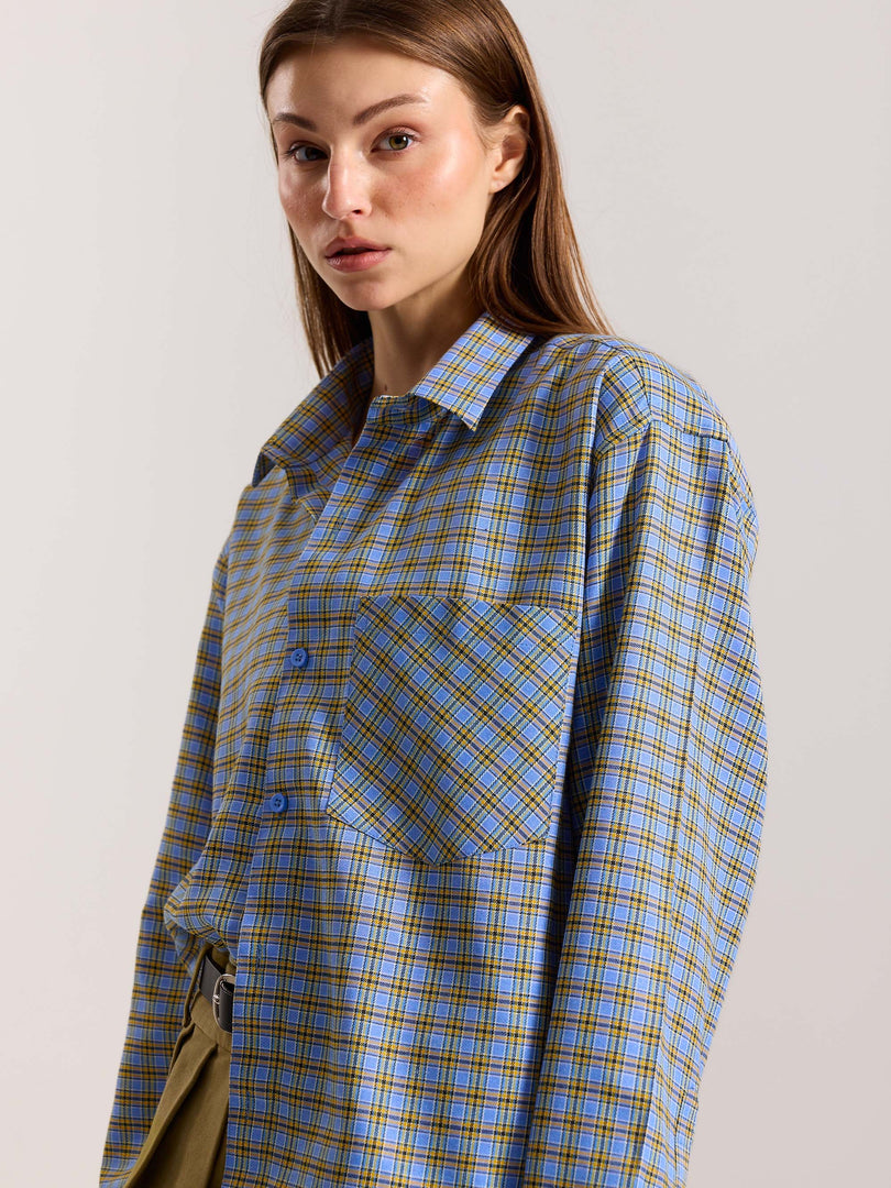 Light Blue Checkered Oversized Cropped Shirt
