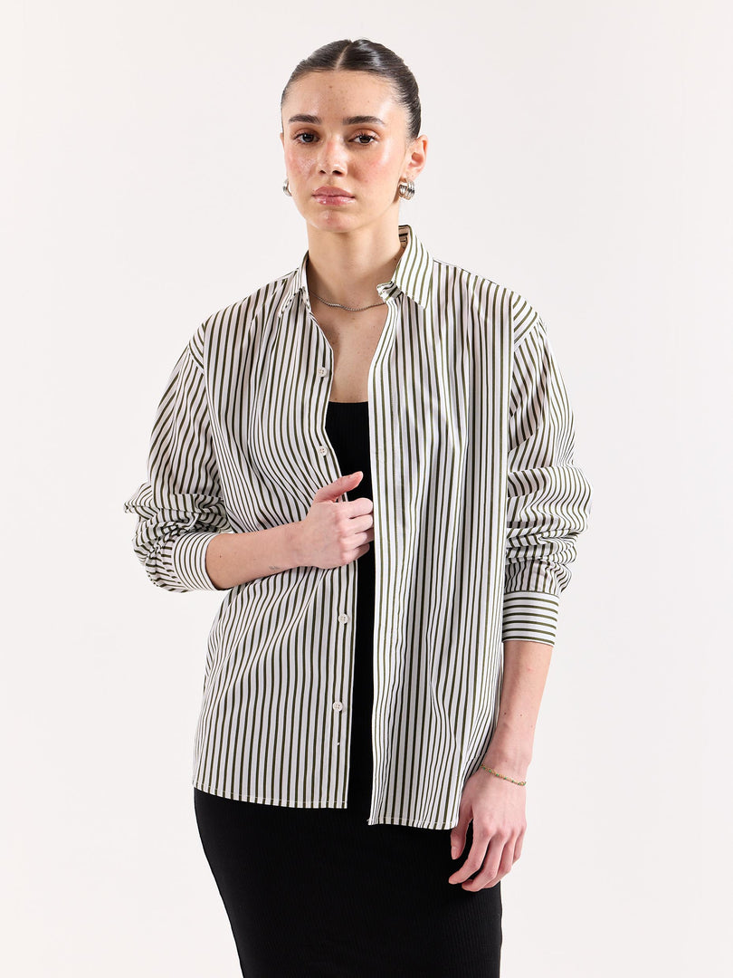 Dark Olive & White Striped Poplin Shirt