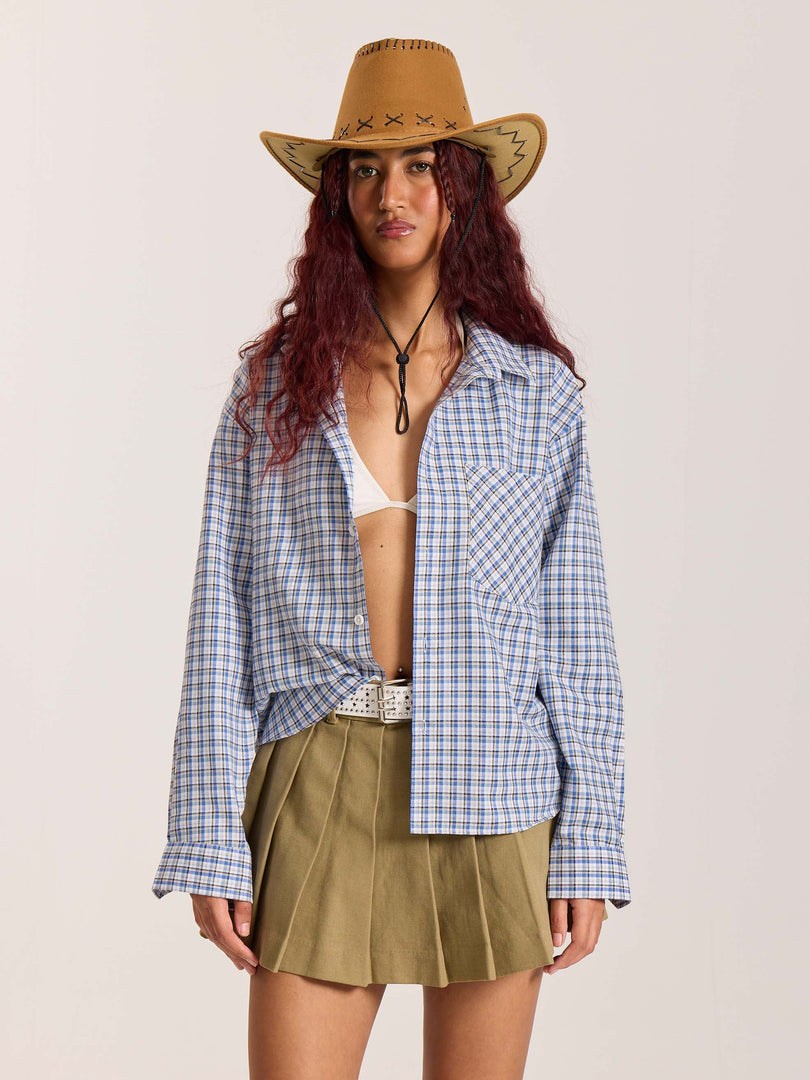 Light Blue & White Checkered Oversized Cropped Shirt