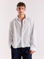 Load image into Gallery viewer, White &amp; Blue Striped Linen Cropped Shirt