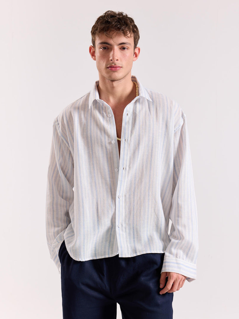White & Blue Striped Linen Cropped Shirt