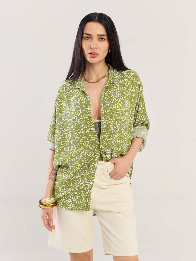 Olive Floral Wrinkled Shirt