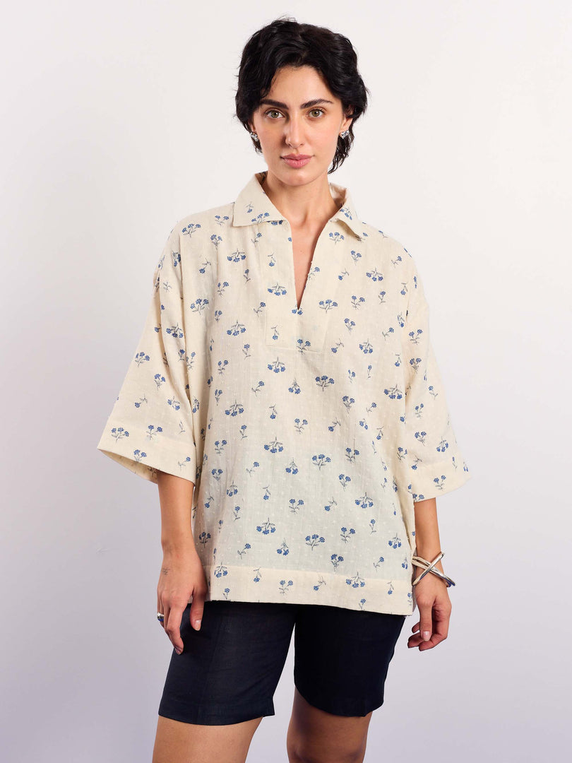 Ivory & Blue Floral Boota Print Pullover