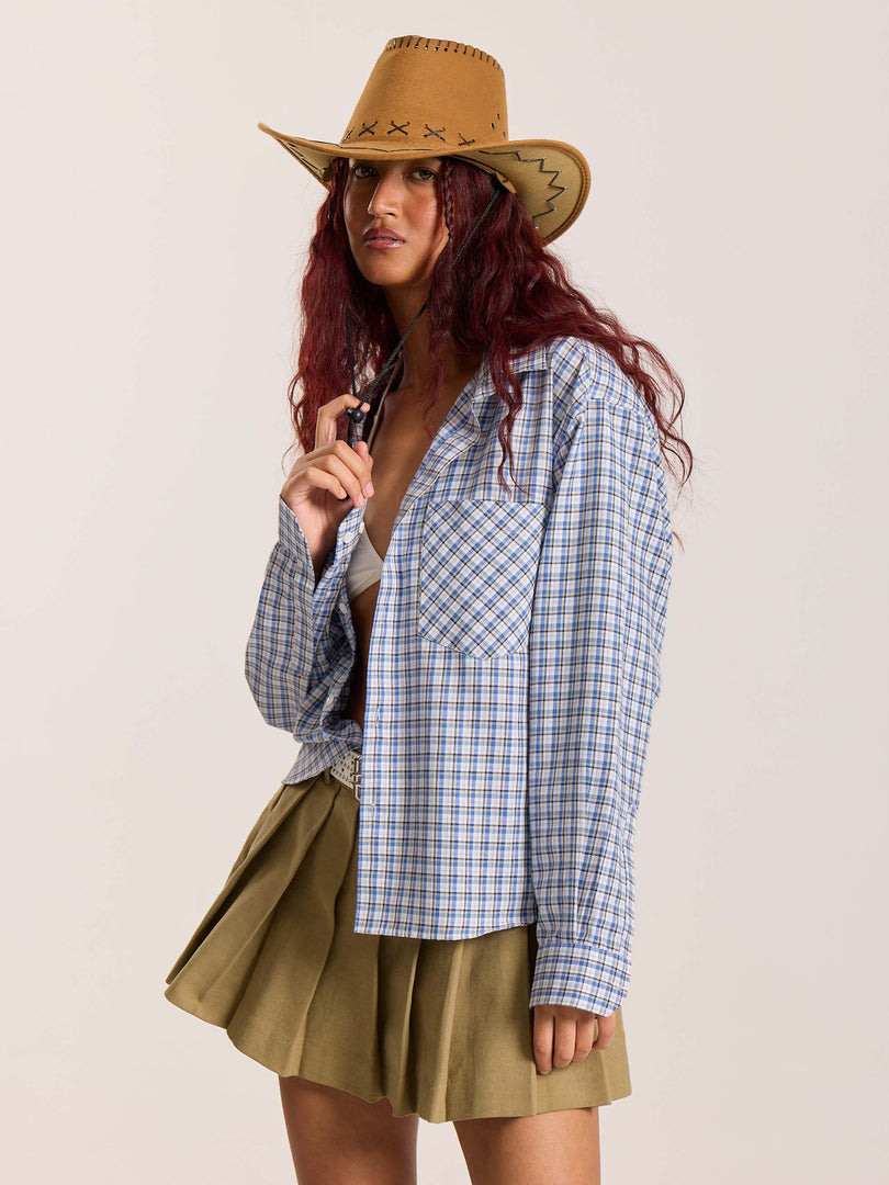 Light Blue & White Checkered Oversized Cropped Shirt
