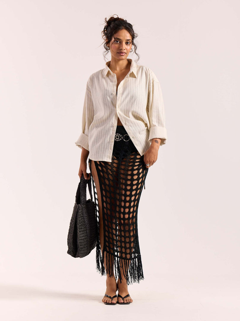 Cream Pinstriped Linen Cropped Shirt