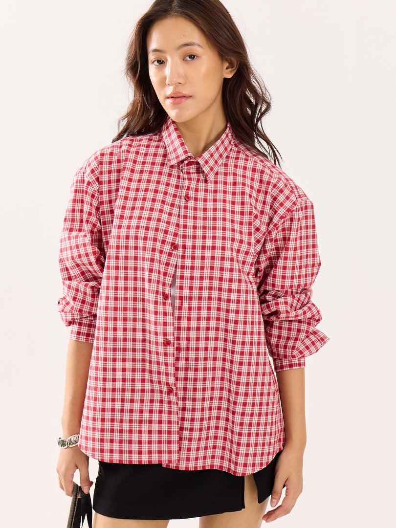 Red & White Checked Poplin Cropped Shirt