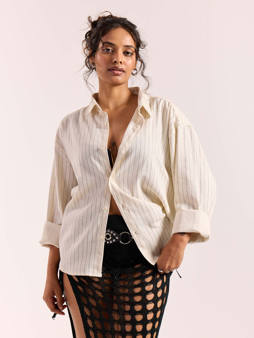 Cream Pinstriped Linen Cropped Shirt