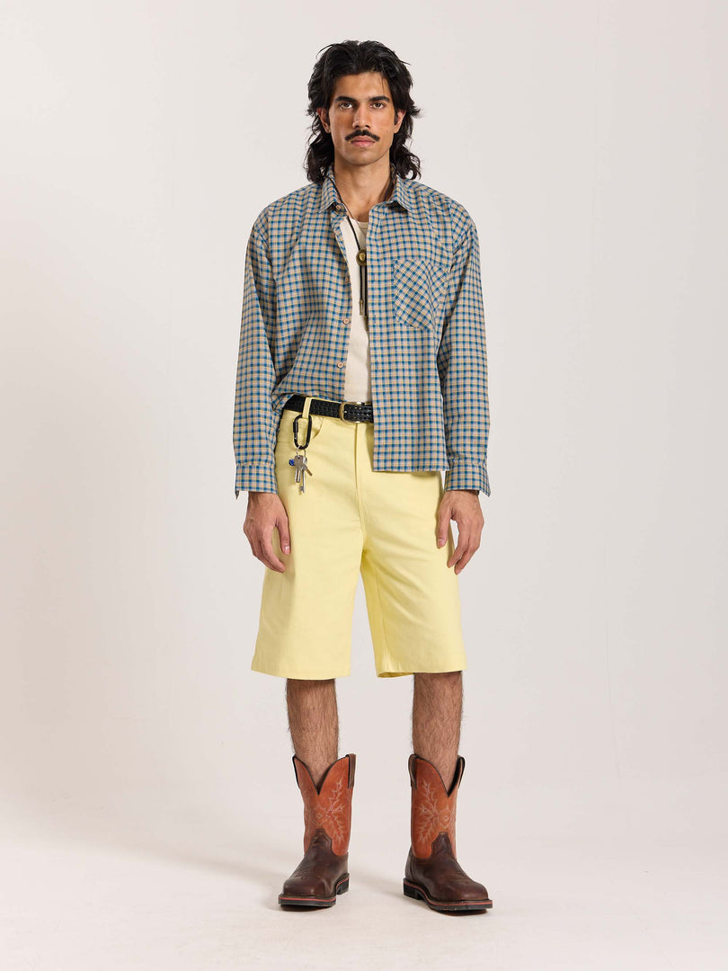 Blue & Yellow Checkered Oversized Cropped Shirt